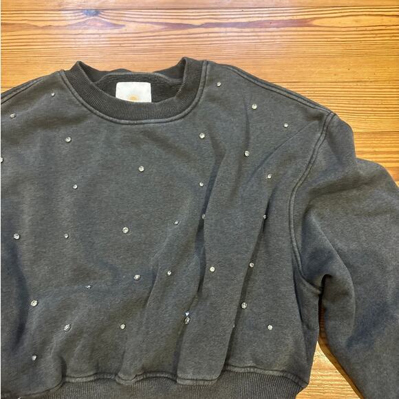Lazy Sunday dark heather gray jeweled studded cropped crew sweatshirt SIZE L - Picture 2 of 6